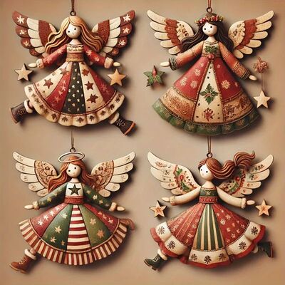 4pcs Handmade Vintage Wooden Angel Christmas Ornaments- Mult