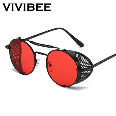 Steampunk Sunglasses Men Trending Gothic Round Alloy Red Met
