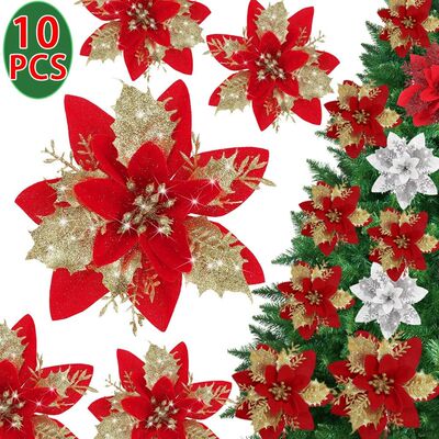 10/5PCS Christmas Artificial Flowers Red Gold Glitter Flower