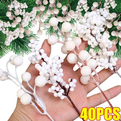 40/4PCS Artificial White Berries Stems Christmas Berry Branc