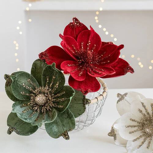24cm Christmas Artificial Flower Glitter Simulation Magnolia