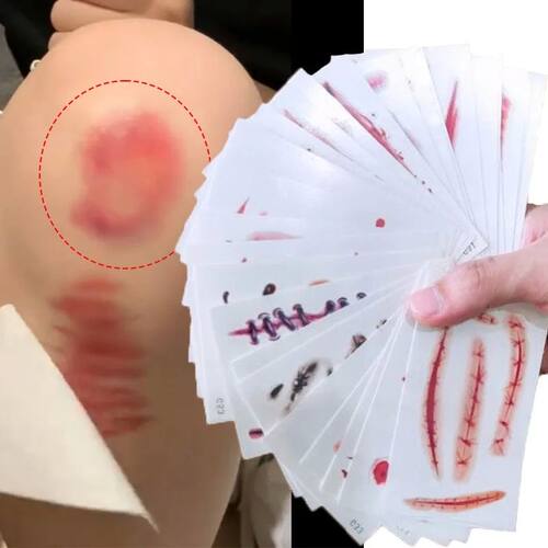 4/16pcs Halloween Terror Wound Temporary Tattoo Realistic Bl
