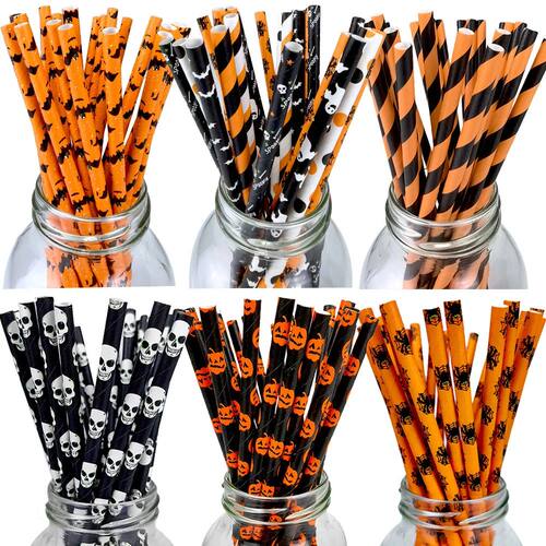 25/50/100pcs Halloween Party Favors Paper Straws Black and O