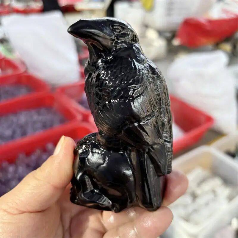 Natural Black Obsidian Crow With Skull Carving Powerful Anim