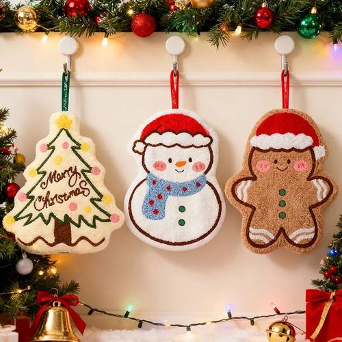 Christmas Hand Towel Cartoon Gingerbread Man Snowman Coral F