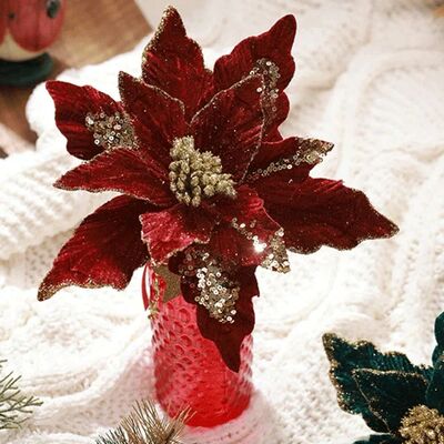 Christmas Poinsettia Glitter Cloth Flower Xmas Tree Red Whit