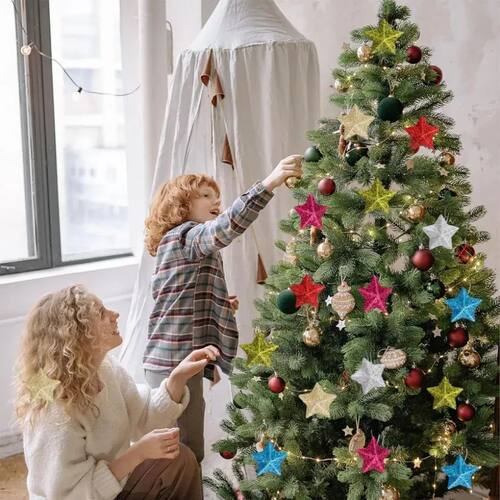 6Pcs Christmas Tree Pendant Plastic Gold Glitter Star Orname