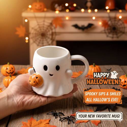 Cute Ghost Mug Halloween Ceramic Coffee Cup 3D Pumpkin Creat