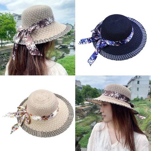 Woman Elegant Floral Bowknot Ribbon Sun Hats Vintage Straw H