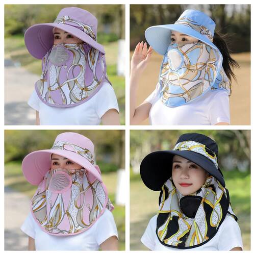 Summer Women Wide Brim Garden Work Shade Hat Face Mask Detac