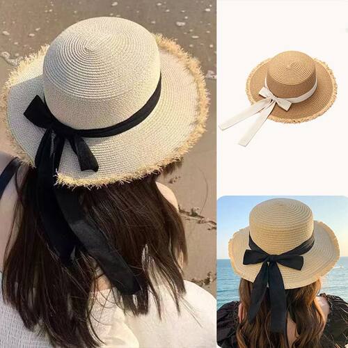 Korean Bow Women Straw Hat Summer Sunscreen Flat Top Fisherm