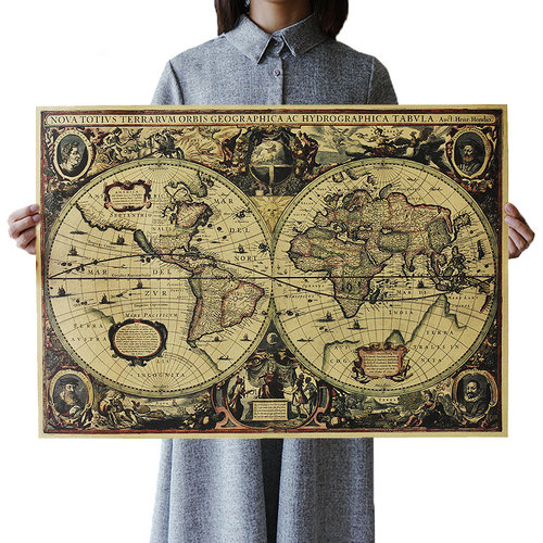 Retro World Map Nautical Ocean Map Poster Vintage Kraft