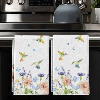 2Pcs Watercolor Hummingbird Floral Kitchen Towels 40Cm*60Cm