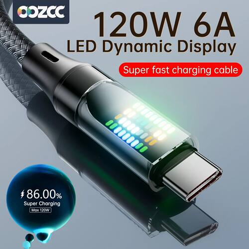 120W Type C Quick Charging Cable 6A USBA to Type C Nylon Data Cord for Samsung With Led Display USB