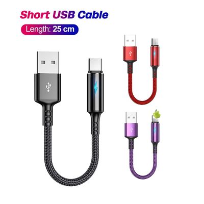 25cm Short Nylon Charger Data Cable Micro USB Type C Cables For iOS Android Phone 2.4A Quick Chargin
