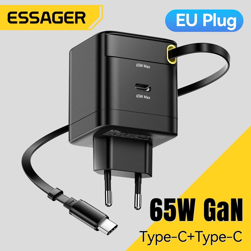 65W GaN Charger with Retractable Cable PD Quick Charging for
