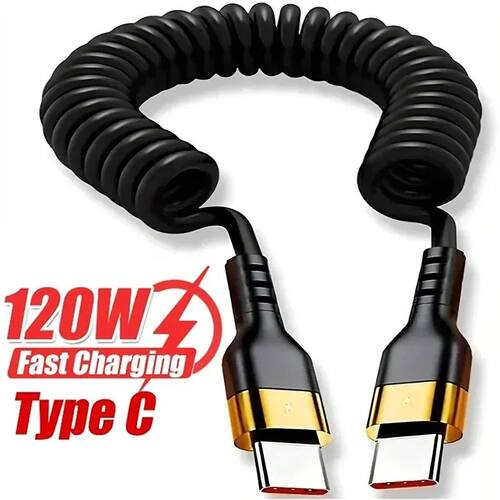 Type-C To Type-C Quick Charging Cable PD 120W 6A Spring Coiled Extendable Type C Cord Car Phone Char