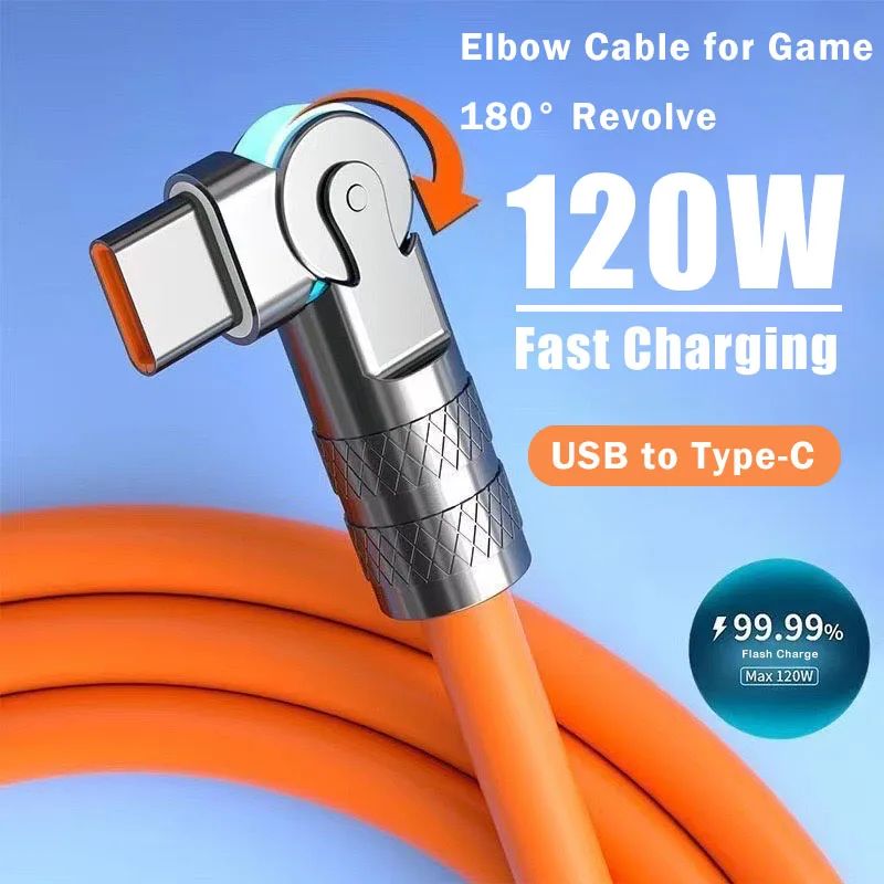 120W 7A Quick Charge USB Type C Cable 180 Degree Rotation Elbow Cable for Game for Redmi Honor Phone