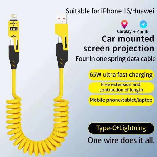 4In1 65W Spring Short Data Cable 6A USB Type C Spring Telescopic Quick Charger Wire Spring USB Cable