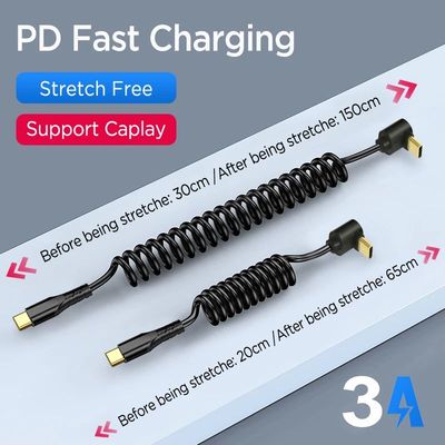 Right Angle Coiled USB C to USB C Cable,90° Retractable Cord for Car,Type C Quick Charging Wire for