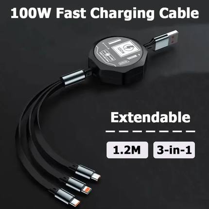 3In1 100w Extendable Quick Charging Type C Cable USB to Micro Lightning Cord for Iphone Samsung Huaw