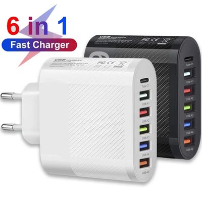 48W 6 Ports USB Charger Quick Charging Type C Phone Travel Charger Adapter For iPhone 17 Samsung PD