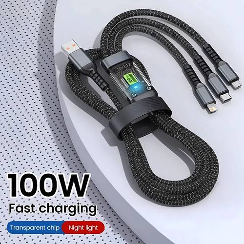 3-in-1 USB 100W 6A Quick Charger Cable Car USB To Type-C Micro LIGHTNING Cable For iPhone 16 15 14 1