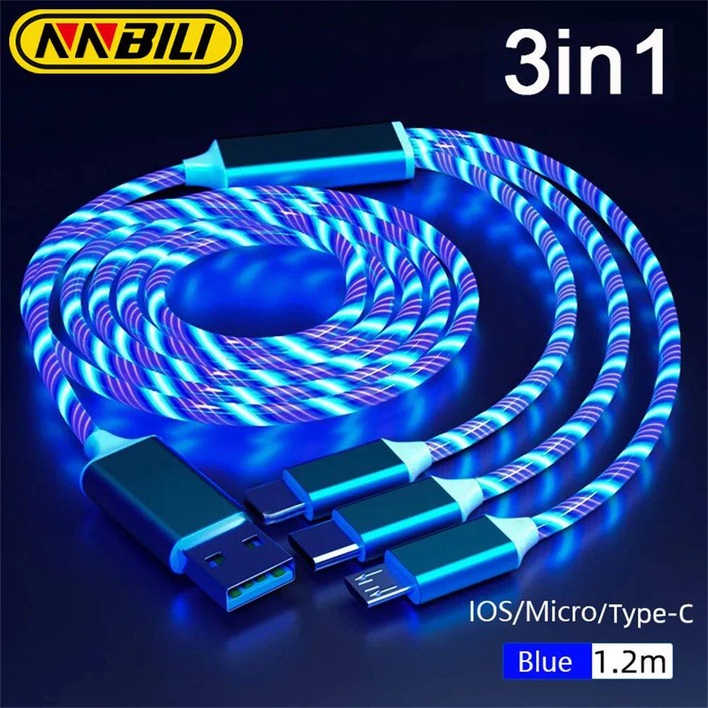 Glowing LED Light 3in1 3A Quick Charging Micro USB Type C Cable For iPhone Samsung Redmi Huawei Phon