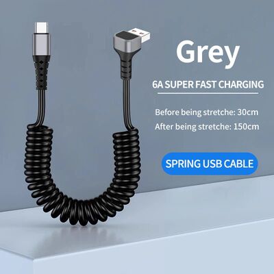 Right Angle Coiled USB A to USB C Cable for Car,90 Degree Retractable Quick Charging Cord for iPhone