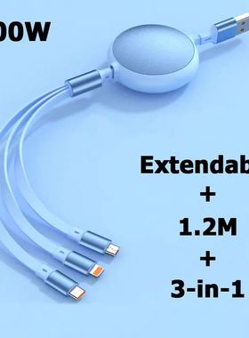 Retractable 100W 6A 3-In-1 USB Charging Cable Super Quick Charger Type C Micro 1.2M Cord for Iphone