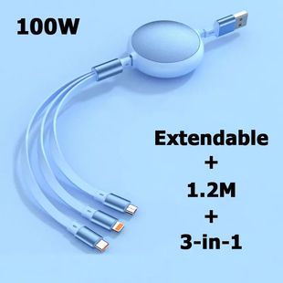 Retractable 100W 6A 3-In-1 USB Charging Cable Super Quick Charger Type C Micro 1.2M Cord for Iphone