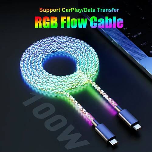100W Quick Charging RGB Cable Breathing Light 66W Type C USB C Data Cable For Samsung Huawei Macbook