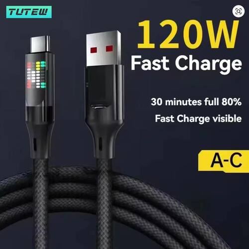 RGB 120W Black Quick Charging Cable 6A USB A To Type C Nylon Data Cord For Samsung Huawei For iPhone