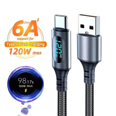 120W Type C Quick Charging Cable 6A USBA to Type C Nylon Data Cord for POCO Samsung With Led Digital
