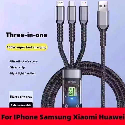 Luminous data cable 3 in1 mobile phone charging cable 100W Quick charge braid typec data cable for i