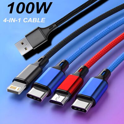 100W 4In1 Dual PD Charger Cable For iPhone 15 14 13Pro Max Micro USB Type C Quick Charging Cable for