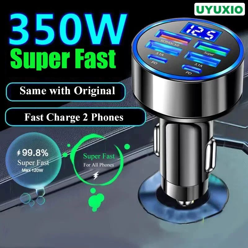 USB C Car Charger Adapter with Voltage Display 6In1 Super QuickInCar for iPhone 16 15 Pro Max Samsun