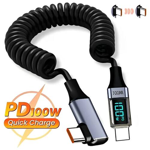 USB C To Type C Elbow Spring Cable 100w LED Digital Display Data Line Retractable Wire for Samsung I