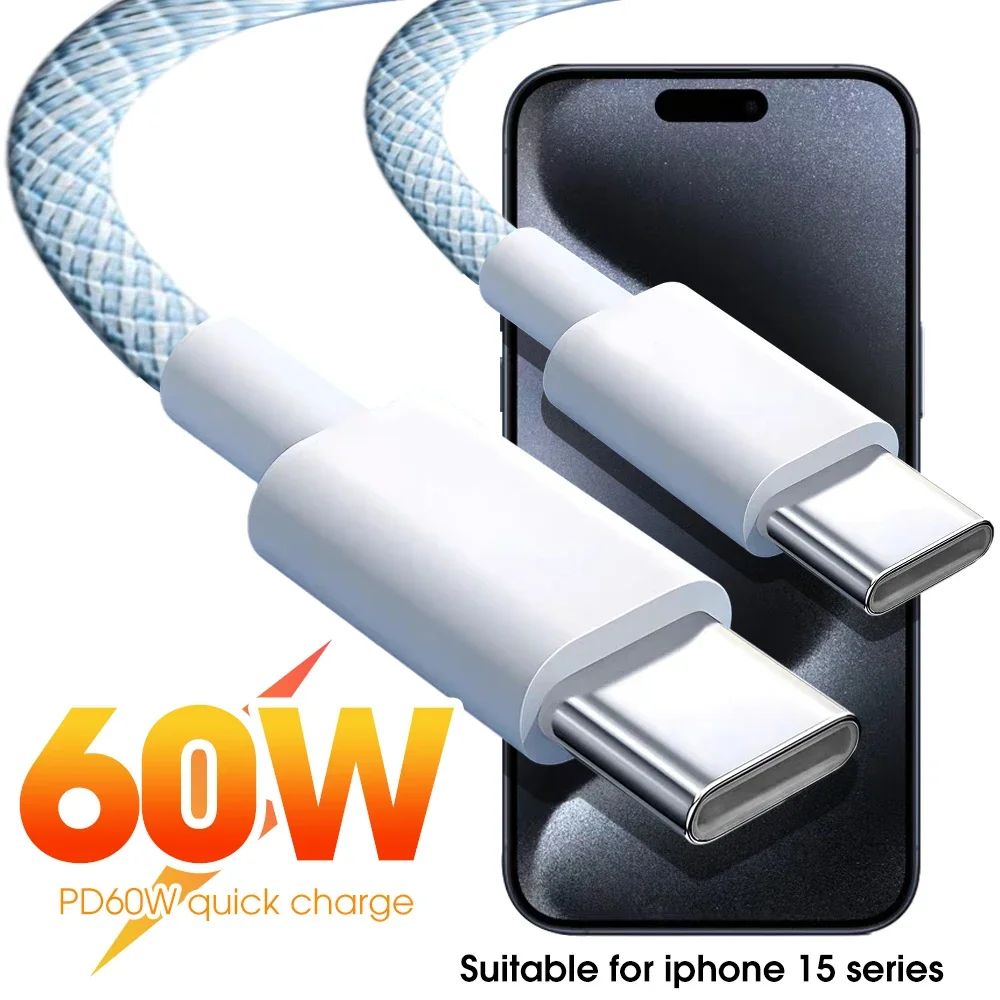 60W Quick Charger USB C Type C 1m/2m Braided Cable For iPhone 15 Pro Quick Charging For Macbook Huaw