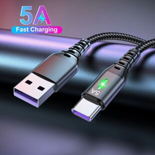5A USB Type C Quick Charging Cable for Samsung Mobile Phone Quick Charger Data Cable LED Nylon Braid