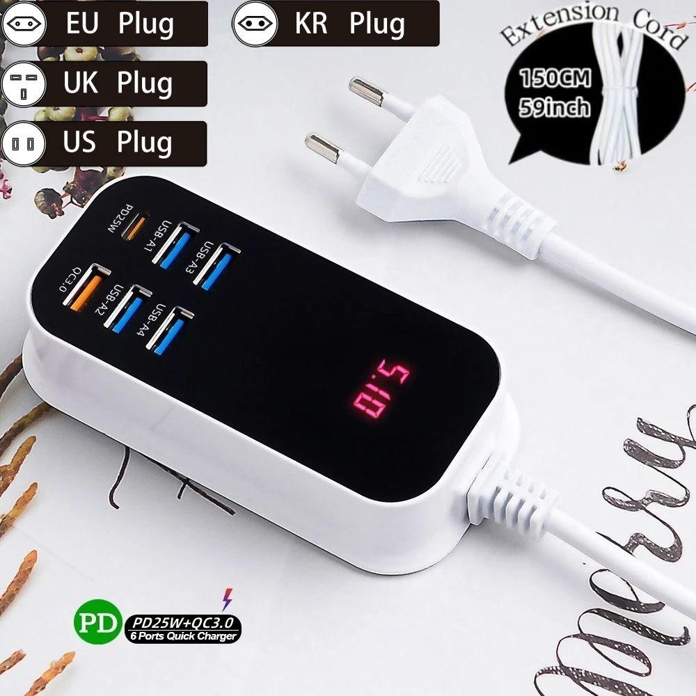 50W Multiple Port USB Charger PD25W Type C QC3.0 Quick Charging Desktop Wall Power Adapter Phone UK