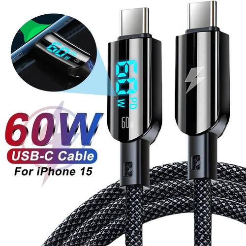 LED Digital Display Cable 60W Quick Charging USB Type C Nylon Braided Data Charger Cord for iPhone 1