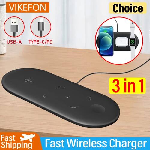 3In1 Wireless Charger Pad Ultra thin Desktop Mobile Phone Qu