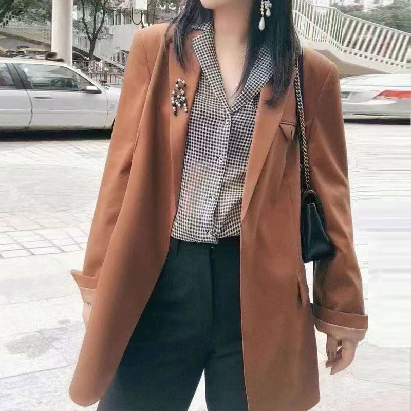 年阿玛施新特官网2021秋季新款时尚百搭女装中长款纯色西装外套