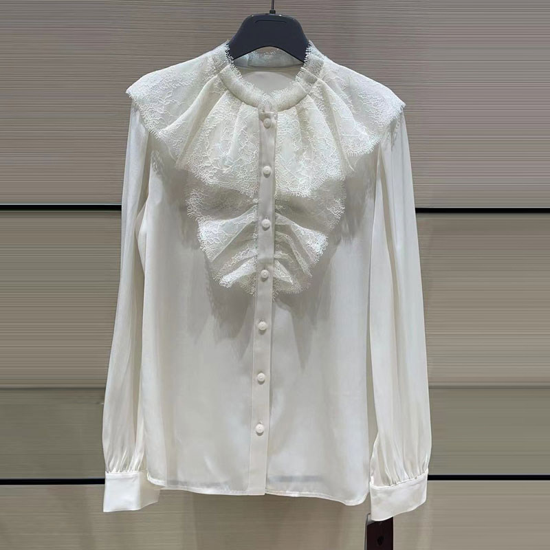 年阿玛施新特官网2021夏秋新款时尚百搭女装蕾丝衬衣长袖纯色衬衫