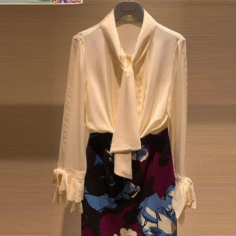 年阿玛施新特官网2021夏季新款修身百搭女装围巾领衬衣喇叭袖衬衫