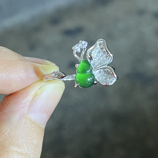 天然a货危地马拉翡翠高冰种水颜色很好看的蝴蝶戒指S925银镶嵌