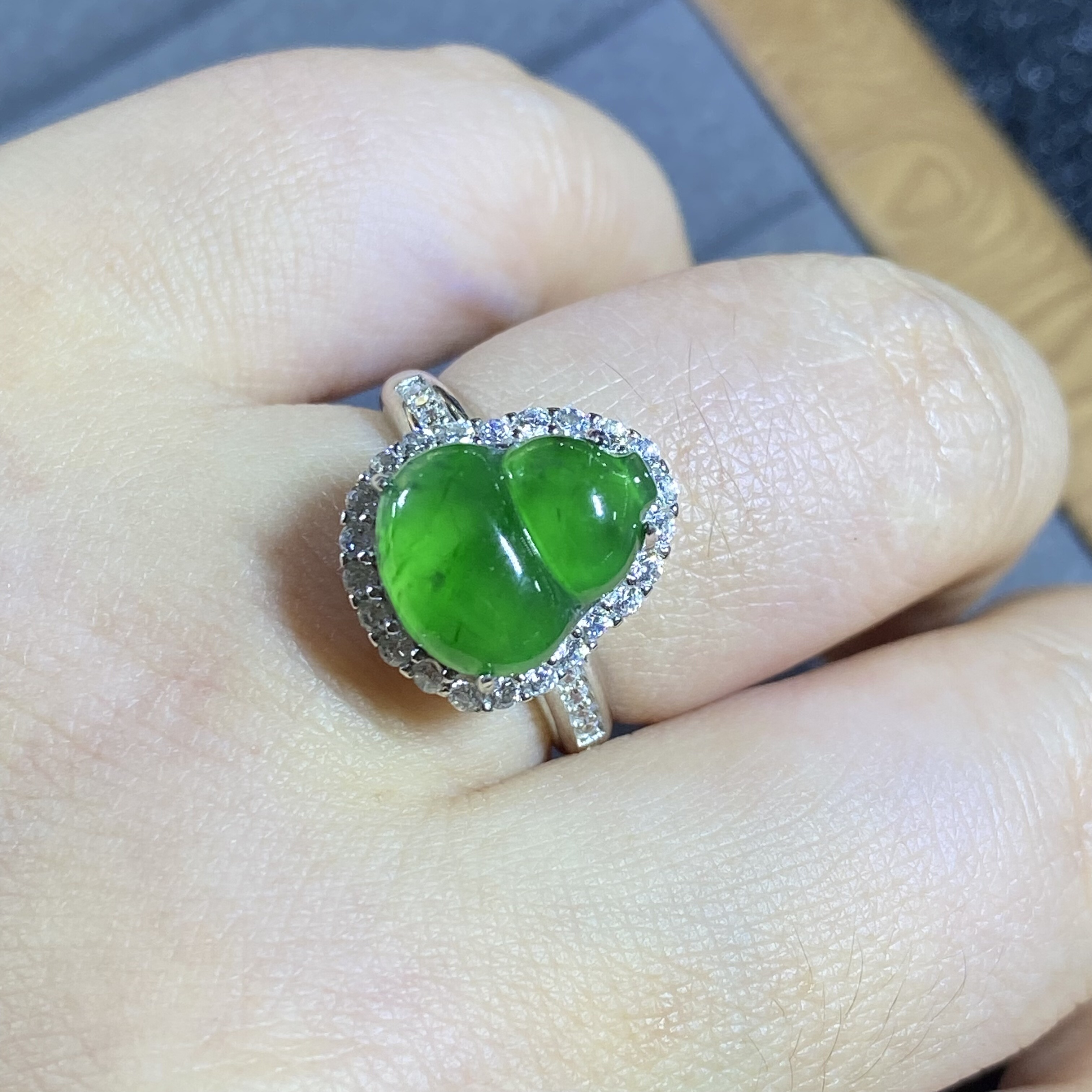 新款A货冰种翡翠葫芦戒指生日礼物S925银镶嵌电镀18K金防过敏