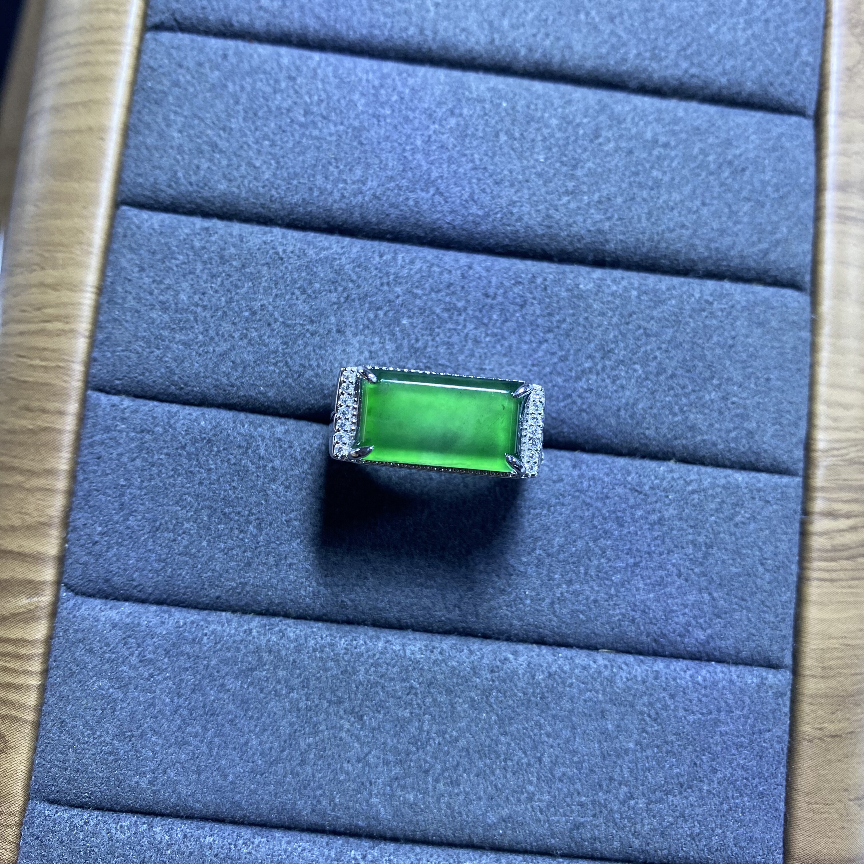 新款A货冰种翡翠方形男戒情人节生日礼物S925银镶嵌电镀18K金