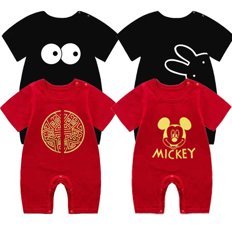 婴儿夏季短袖纯棉喜庆红色薄款新生儿网红0-1岁宝宝连体衣爬爬服